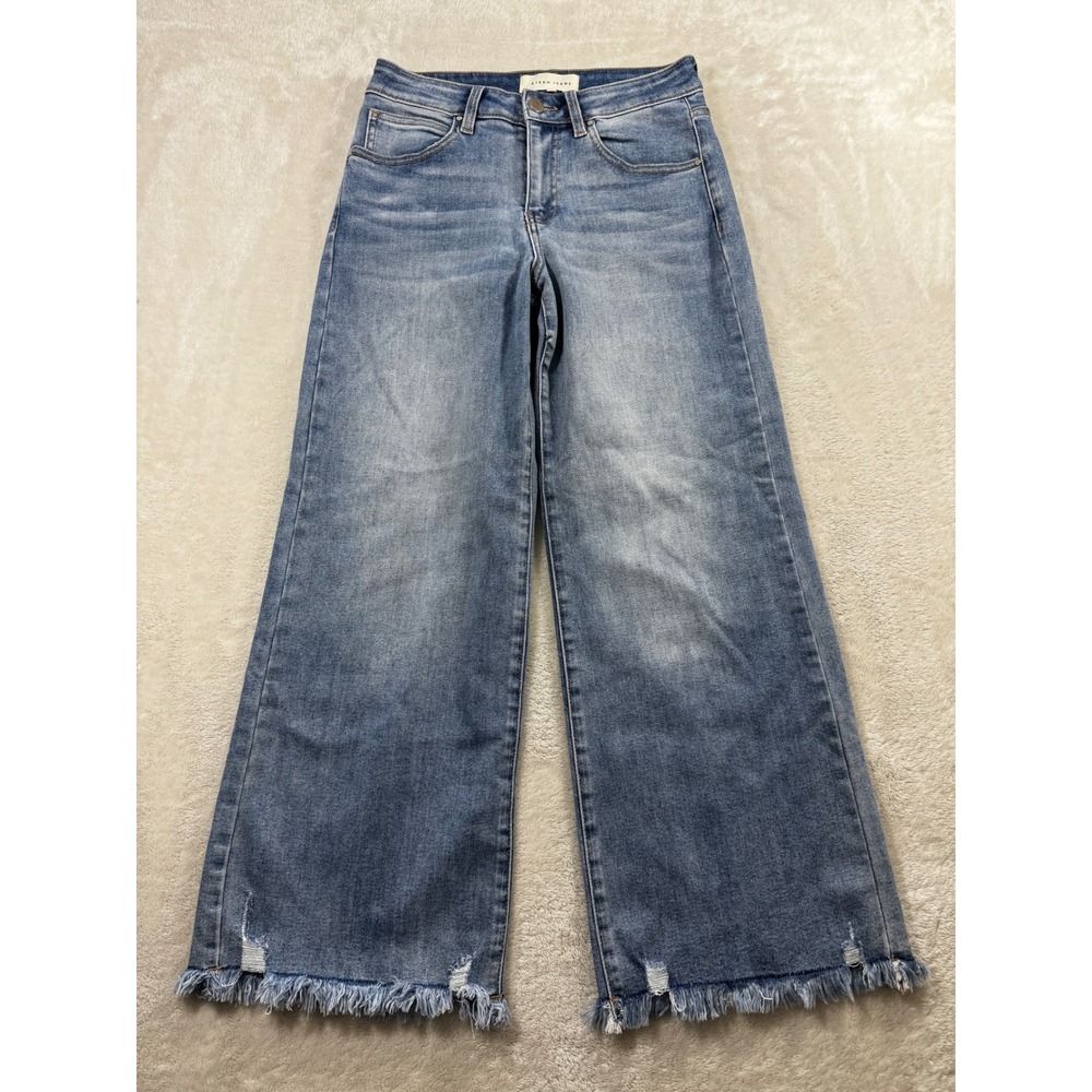 Risen Womens RDP5847 Frayed Hem High Rise Blue Wide Leg Jeans 5/27 Meas: 27x27